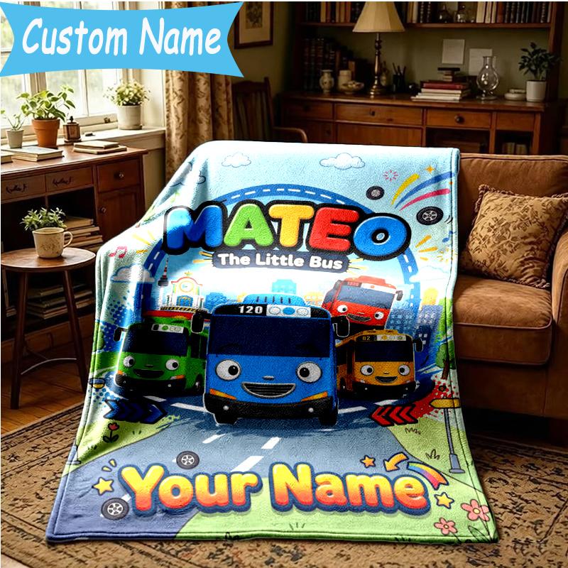 Custom Name Mateo Little Bus Blanket Flannel Blanket for Camping, Hiking, Garden Parties, Picnic Essentials,gift for family and friend