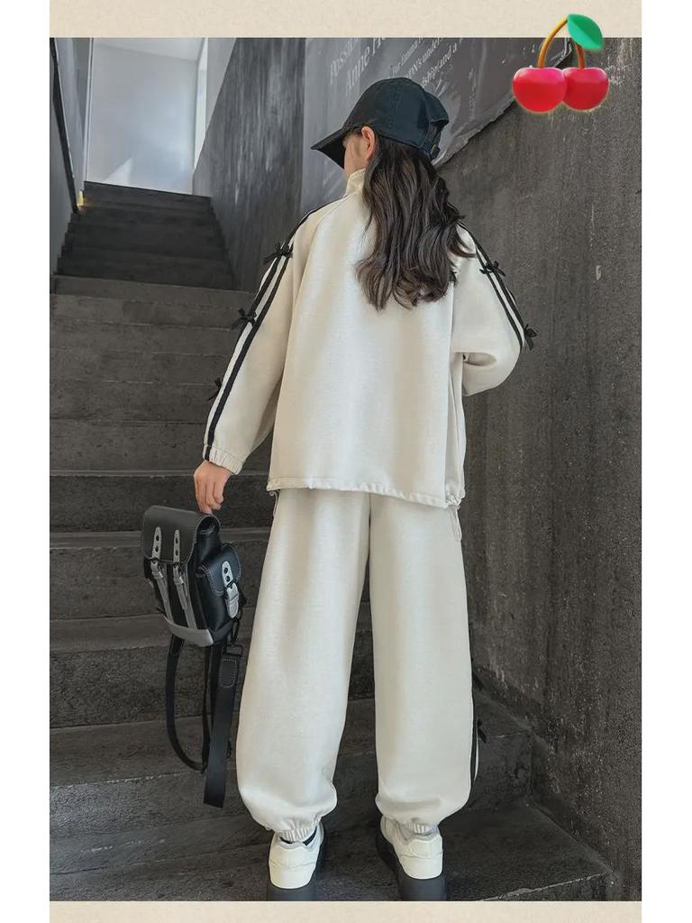 Полосатый кардиган спортивный костюм для девочек – длинный рукав, два предмета на осень