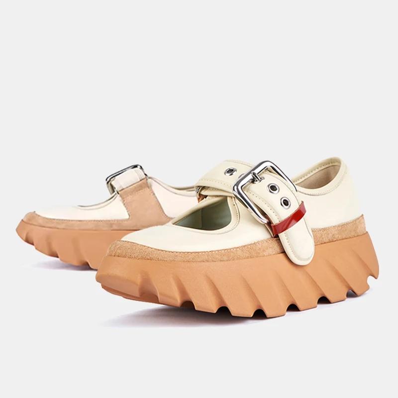 Mary Jane Shoes Women Metal Belt Buckle Shallow Thick-Soled Shoes Platform Height-Enhancing Sneakers Round Toe Sports Shoes