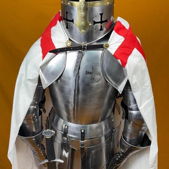 Full-Size 6-Foot Templar Knight Armor Suit Polished Medieval Roman Steel Armor with Display Stand  Ideal for Home Décor
