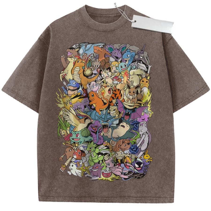 Vintage Washed Tshirt Pokemon Anime Characters Oversized Print Streetwear Fashion Casual Daily Wear Party Campus