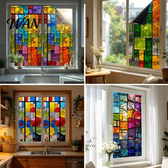 Privacy Window Film Static Cling Film, Full Blackout, Colorful Geometric UV Reusable Glass Blocking, Heat Insulation Sticker for Home Office Shield