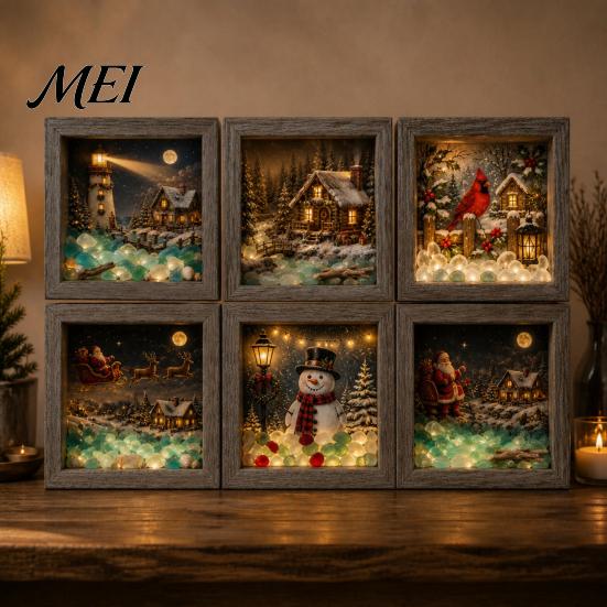 Wooden Landscape Ornament Christmas Snowy Night Light Picture Frame, Vintage Frame 3D Mini Lighted Shadow Box Lamp, Desktop Atmosphere Decor