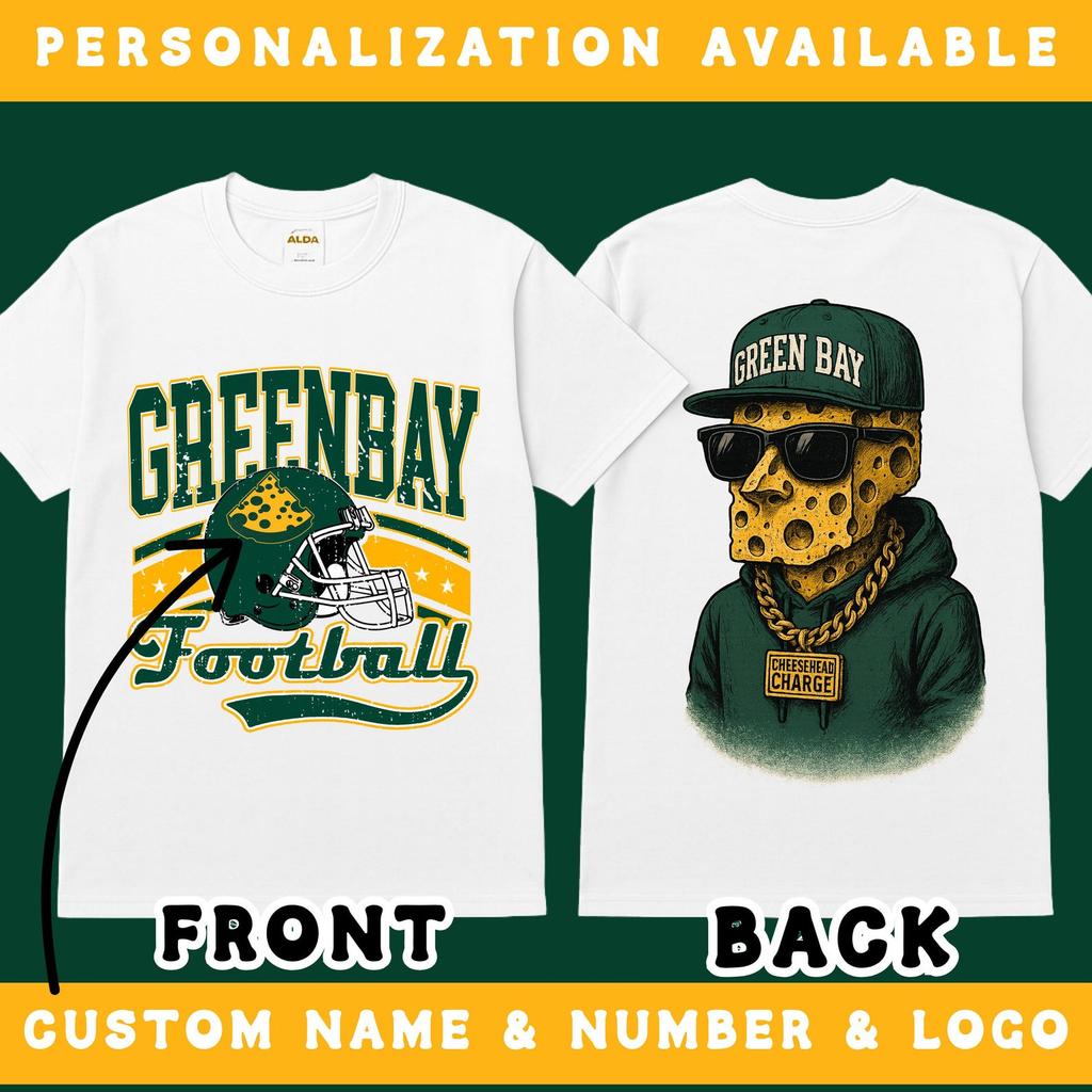 Green Bay Football Shirt – Custom Name & Number Tee with Cool Cheesehead Back Design, Personalized Fan Gift, Game Day Spirit Shirt