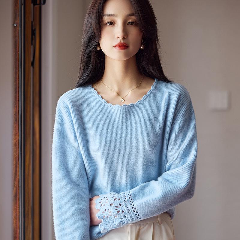 Early Autumn 100% Pure Wool Crochet Knitwear: Elegant Hollow Loose Long Sleeve Slimming Base Layer