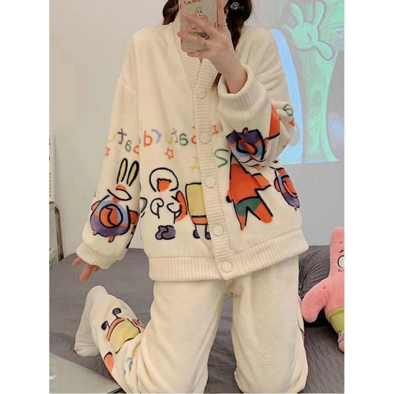 Sleepwear Set Thickened Warm Cute Sweet Cardigan Home Clothes for Women