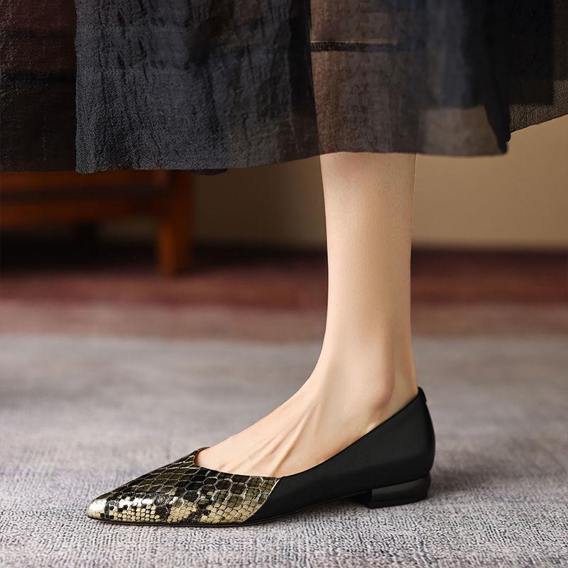 Туфли-лодочки с острым носком, узором под змею, без застежки, на низком каблуке, элегантные, для женщин, летние, молодежный тренд, корейский стиль, шик, острый носок, повседневные, женские балетки