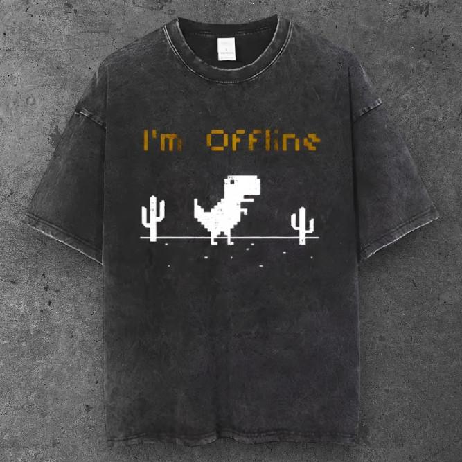 Unisex Offline Pixel Dino Graphic T Shirt Washed Black Retro Gaming Style S-3XL