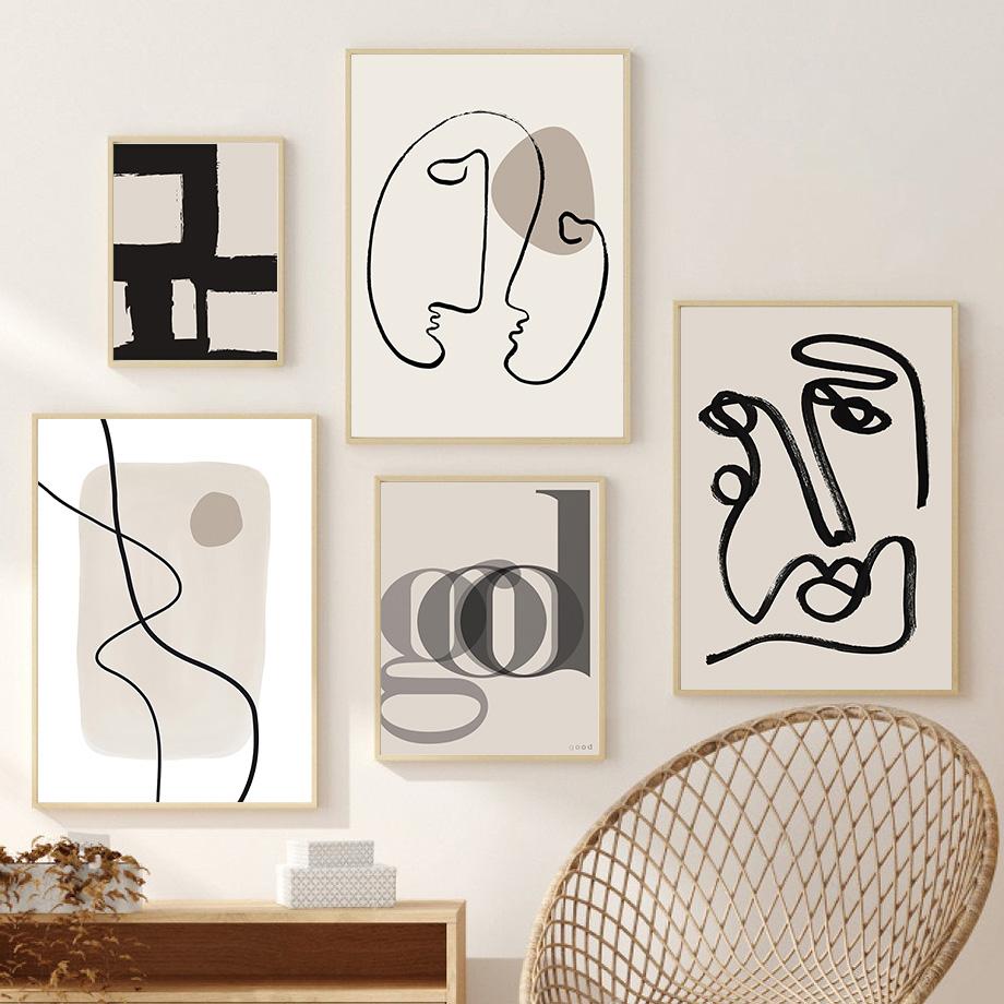 Beige Black Abstract Lines Figures Drawing Minimalist Wall Art Canvas Painting Posters And Prints Pictures For Living Room Decor