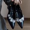 Версия из овчины~ Кожаный темперамент стразы цветок острый носок одинарные туфли женские французские ретро туфли Мэри Джейн для работы высокие каблуки