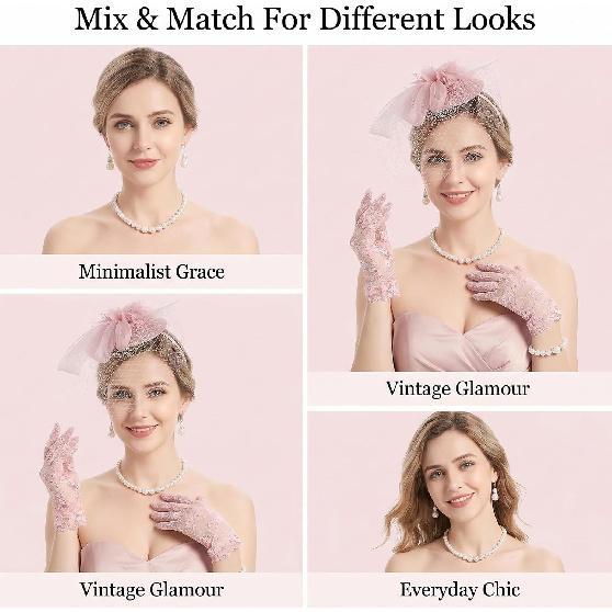 7 PCS Tea Party Accessories for Women, Pink Tea Party Hat, Including Gloves Necklace Bracelet Earrings for Women 1920s Vintage Attire Accessories