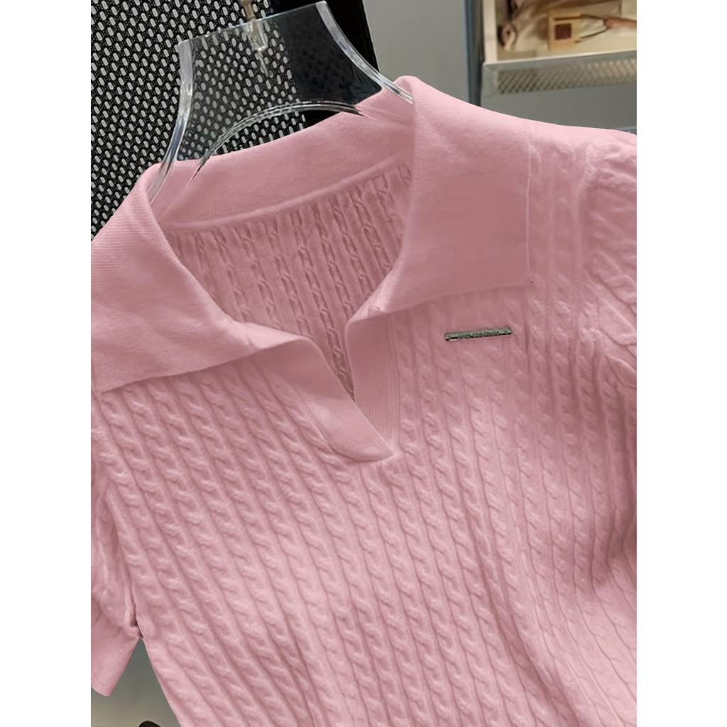 Temperament Lapel Ice Silk Knit Top Летняя свободная тонкая футболка с короткими рукавами
