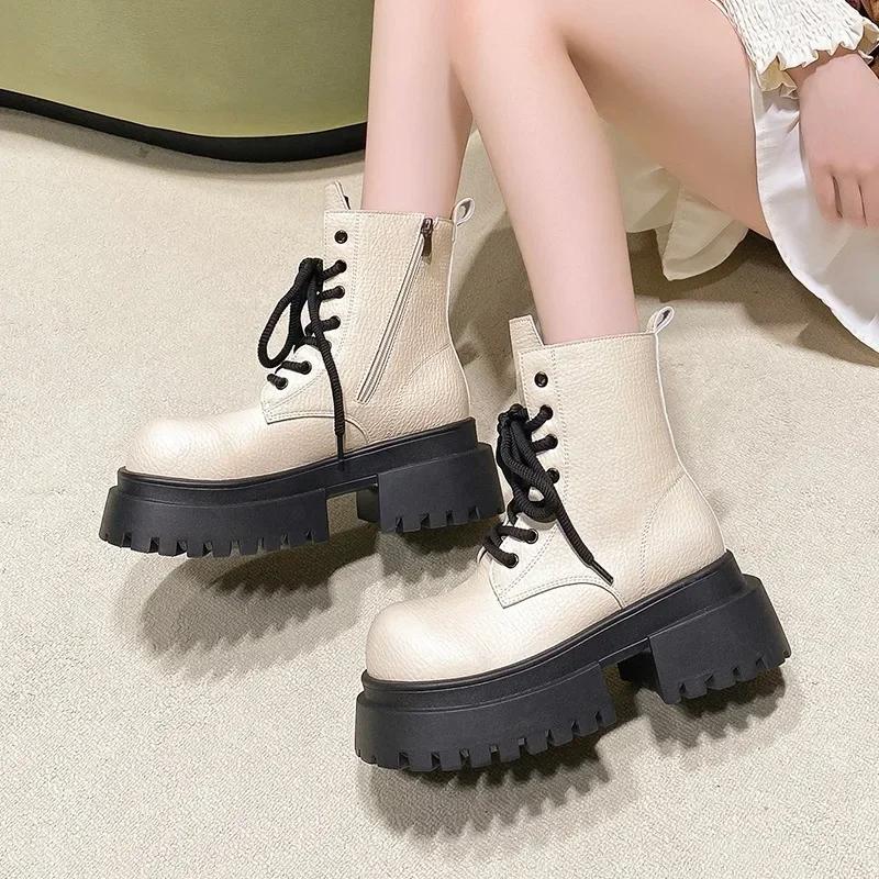Модные 7 см Женские Ботильоны на Толстом Каблуке на Шнуровке Черные Массивные Ботинки Новые 2024 Зимние Кожаные Ботинки Женские Ботинки на Платформе Панк Высокий Каблук