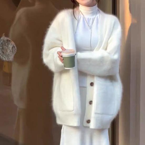 Women's Fuzzy Cardigan V Neck Button Down Oversized Fluffy Coat