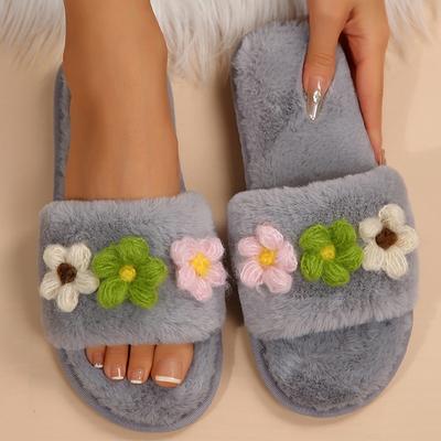 Модные разноцветные хлопковые тапочки с цветами для женщин Зима 2025 Накидные с открытым носком Плюшевые шлепанцы Женские Мягкие хлопковые тапочки из искусственного меха Женские