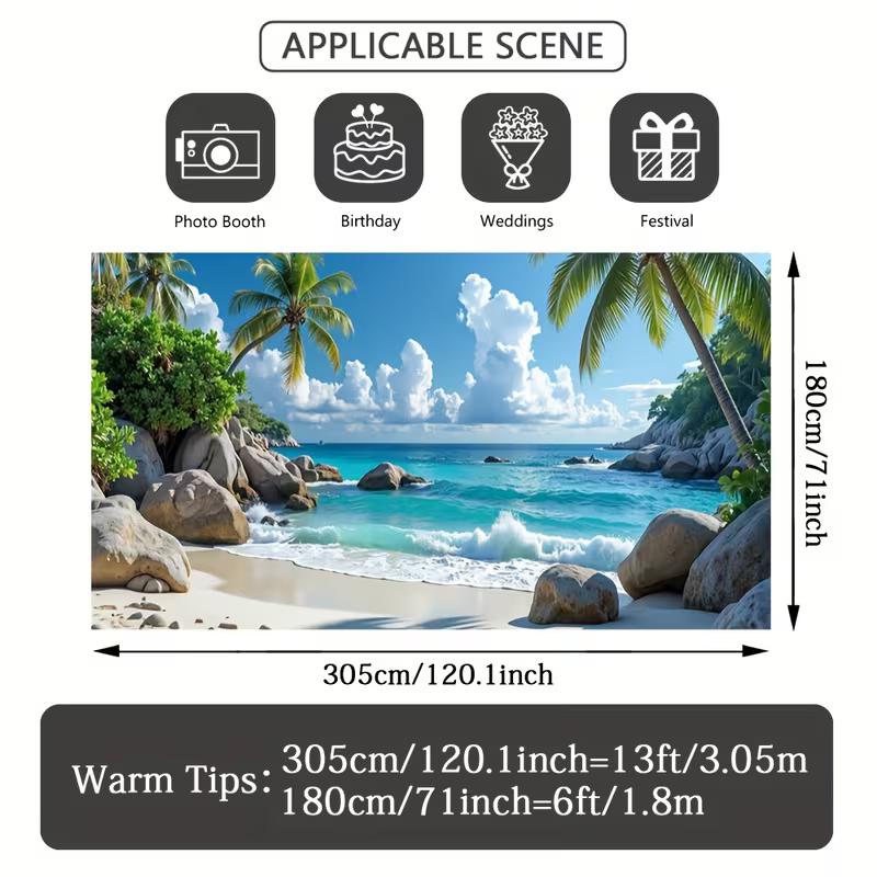2D Seaside Tropical Backdrop, Sunny Beach & Rock Photography Background Cloth