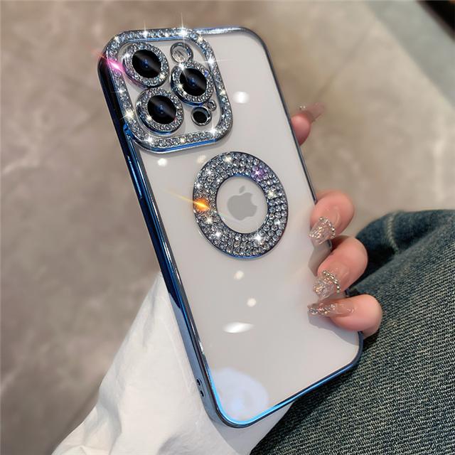 Роскошный чехол для телефона с блестящими стразами и гальваническим покрытием рамки для iPhone 16 Pro Max для iPhone 11 12 13 14 15 16 Plus с алмазной защитой объектива