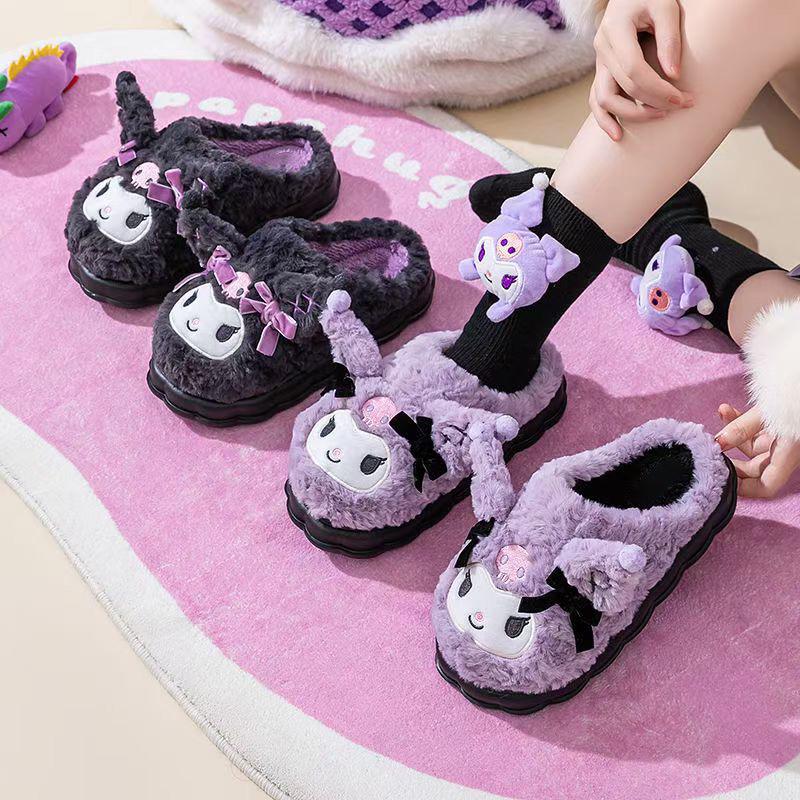 Женские плюшевые зимние тапочки Sanrio Kuromi - Домашние, для общежития, с толстой подошвой, теплые, хлопковые