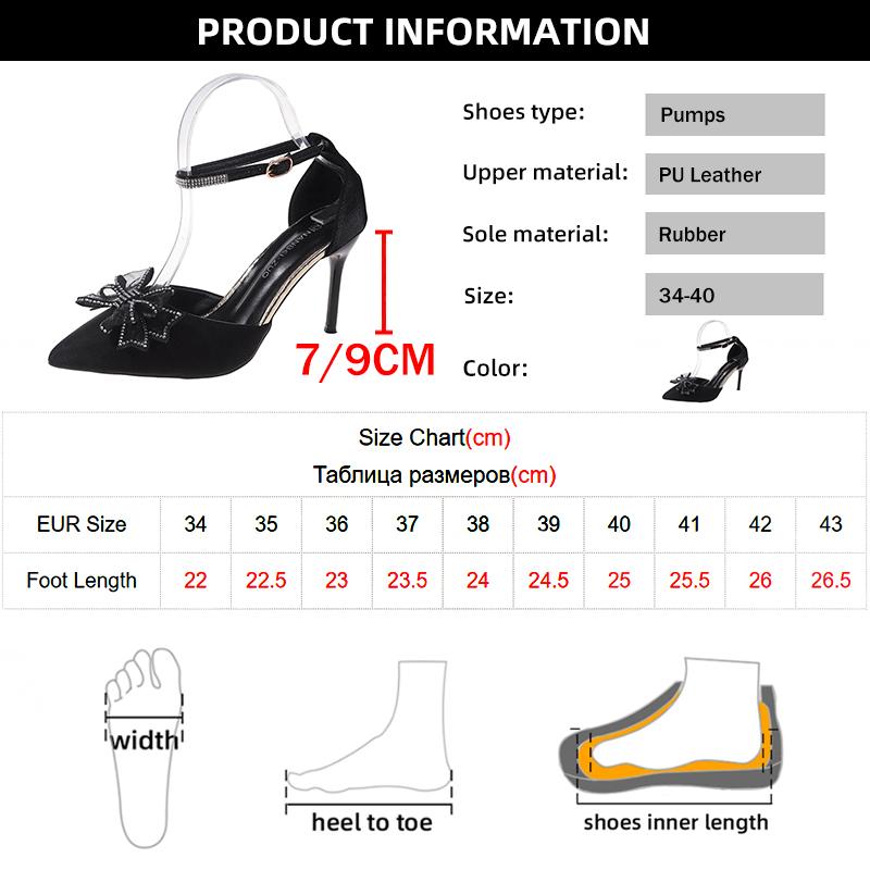 Модные черные туфли-лодочки с кристаллами и бантом, женские туфли на тонком каблуке с ремешком на щиколотке, женские туфли с острым носком и пряжкой на очень высоком каблуке, женские туфли
