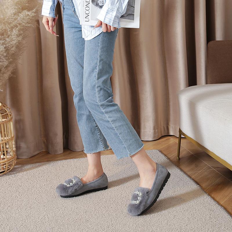 T23 осенне-зимние низкие дутики из натурального кроличьего меха, плюшевые туфли, неглубокие балетки, хлопковые туфли женские большого размера