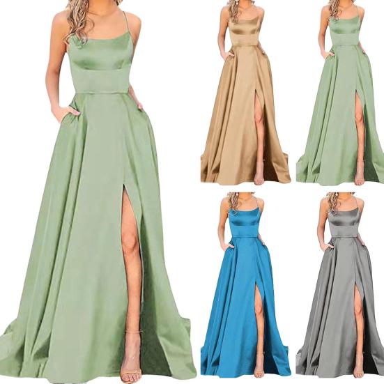 Женское вечернее платье с бретелькой на шее и открытыми плечами, атласное с высоким разрезом, без рукавов, с открытой спиной, длиной до пола, с перекрестными задними карманами, бальное платье для выпускного, свадьбы, вечеринки, невесты