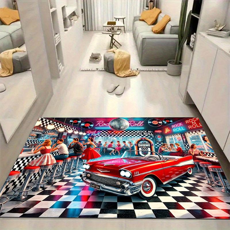 Retro Car & Rock Bar Themed Rug, non-slip rug, suitable for living room, bedroom, game room, computer room and home décor.