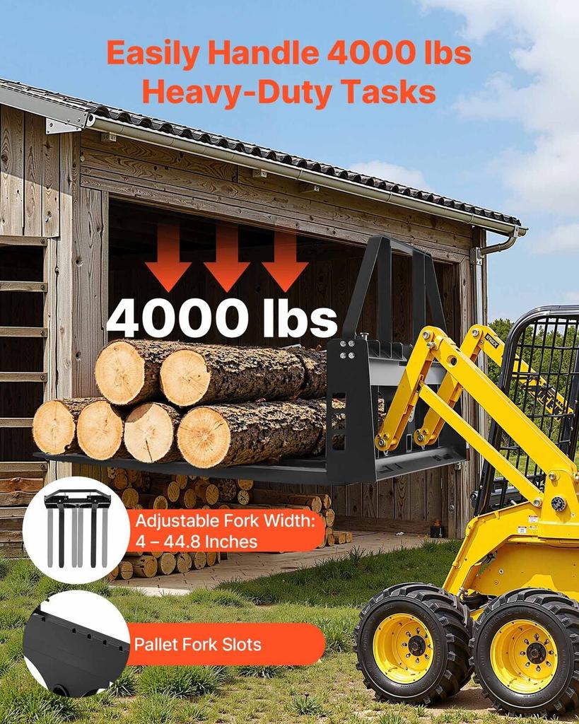Skid Steer Pallet Forks, 1814 kg Rated Capacity, Pallet Fork Frame Attachment with 122 cm Pallet Forks Forklift Blades, 50.8 mm Hitch Receiver & Spear