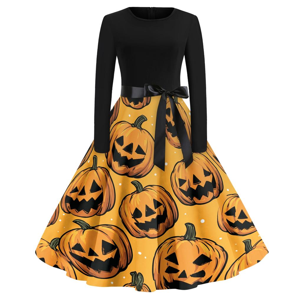 Women's Casual Fashion Round Neck Halloween Printed Vintage Dress