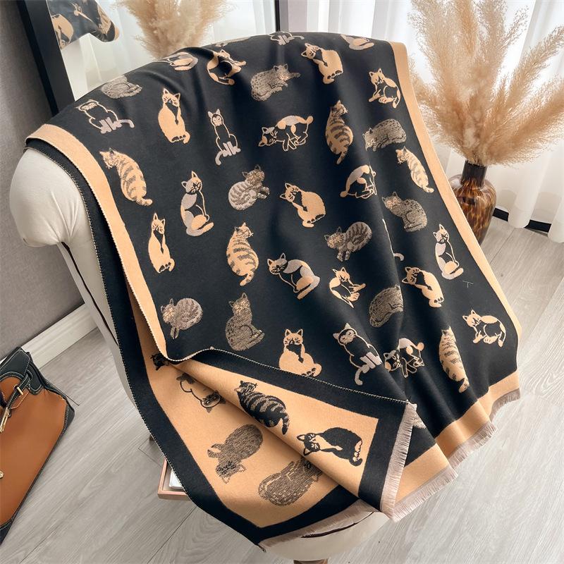 Winter Cashmere Scarf Women Luxury Cat Print Female Shawl Wrap Scarves Lady Thick Warm Blanket Gift Echarpe Pashmina