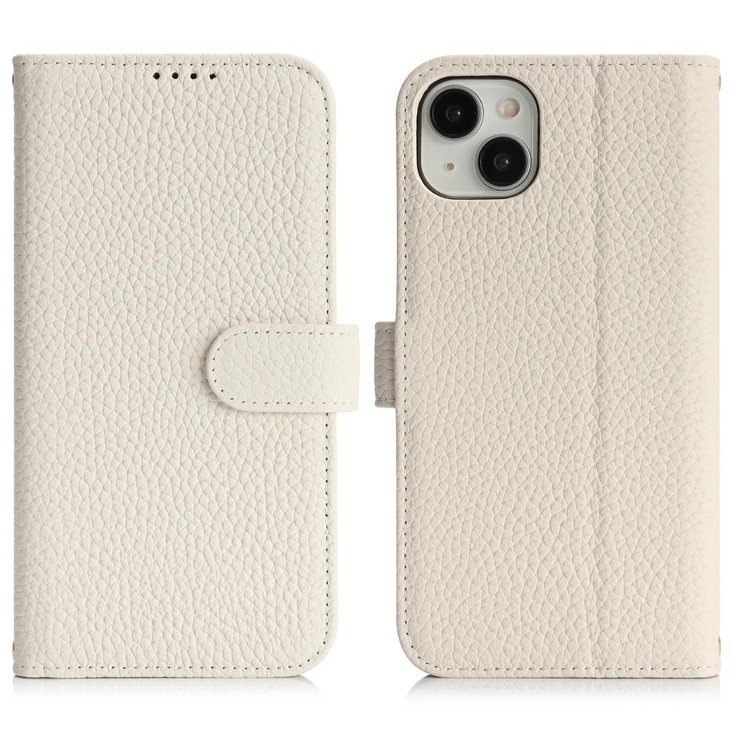 For iPhone 13 mini Stand Case Litchi Texture Genuine Cow Leather Wallet Phone Cover RFID Blocking