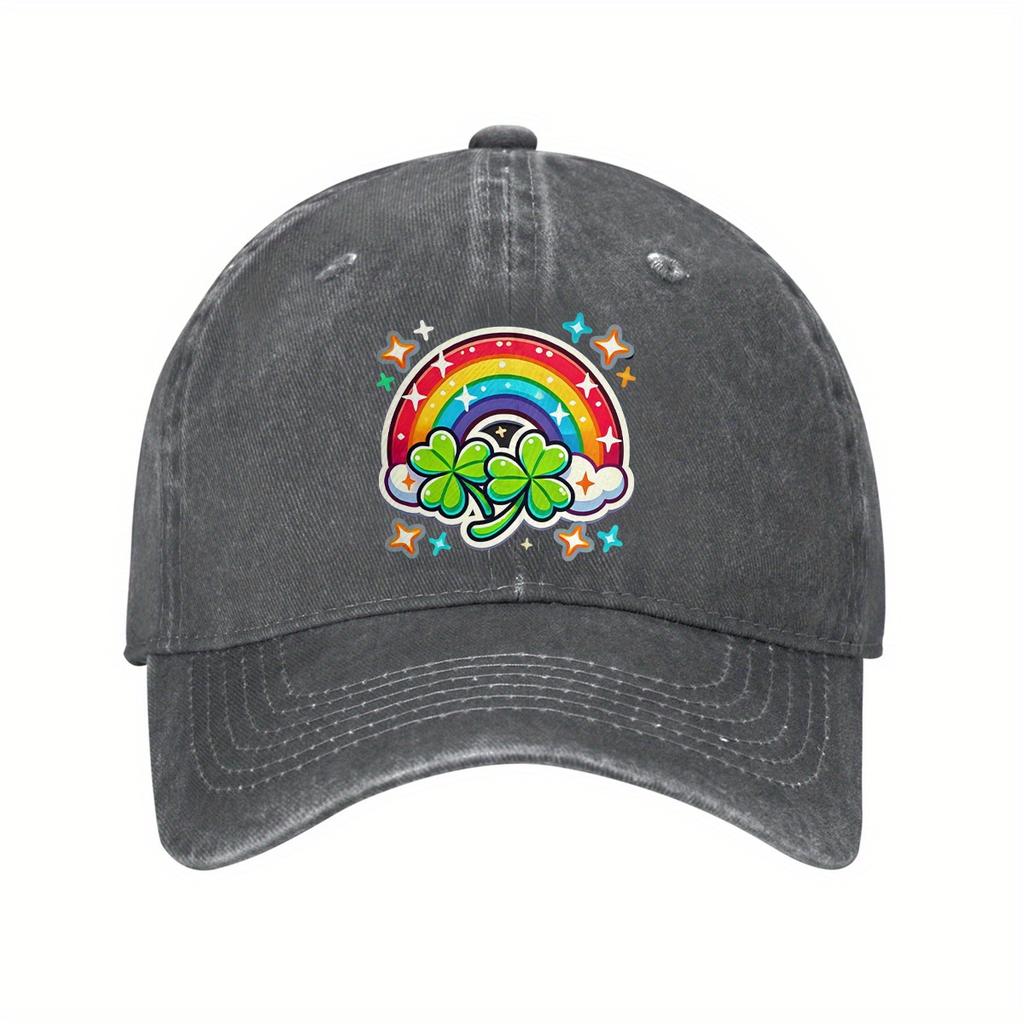 St Patricks Day Rainbow Clover Baseball Cap Distressed Denim Graphic Print Casual Adjustable Hat