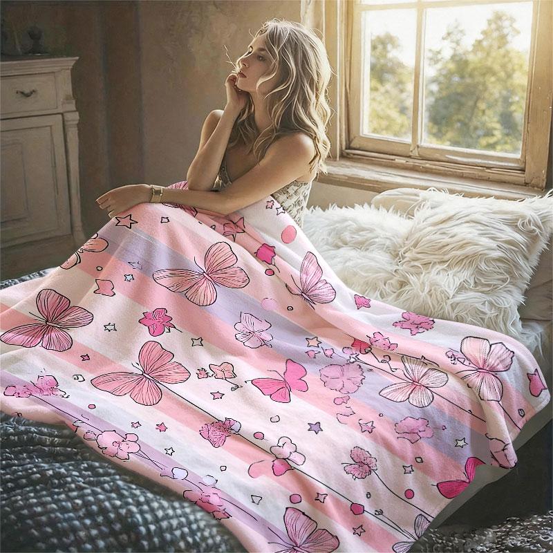 Pink Butterfly Sketch Flannel Blanket Warm Soft Halloween Christmas Decorative Couch Warm Cozy All-Season Gift