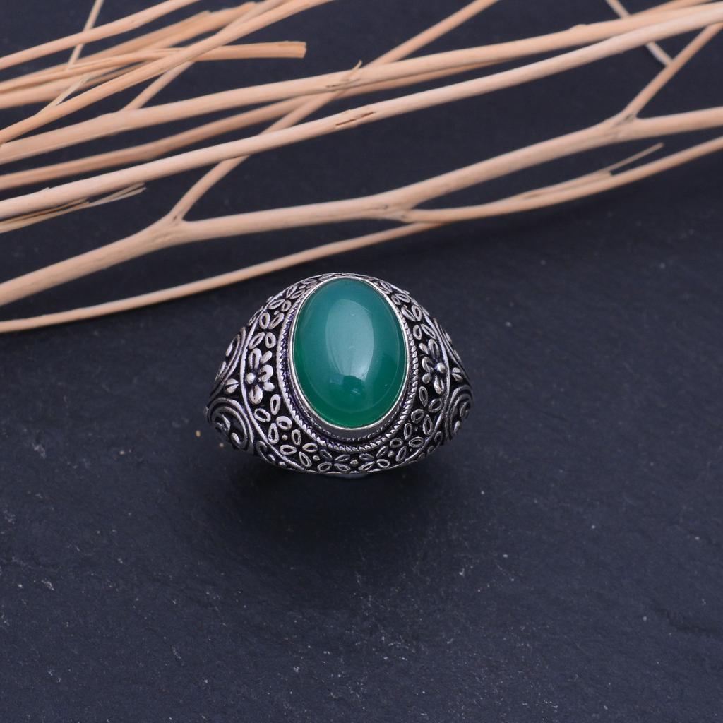 Зеленый Оникс Ручной работы Ювелирное изделие из стерлингового серебра 925 пробы Кольцо Размер 6.75 y6T28