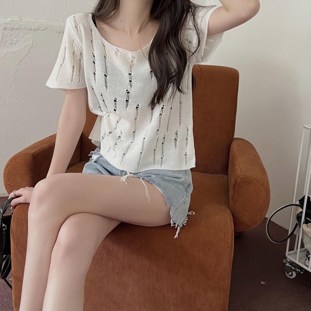 Трикотажный свитер из ледяного шелка с ажурными отверстиями для женщин на лето, свободный и тонкий стиль, шикарный топ с короткими рукавами, модный