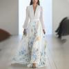 Euro Female Long Sleeve V Neck Spliced Print Chiffon Maxi Dress For Casual Streetwear