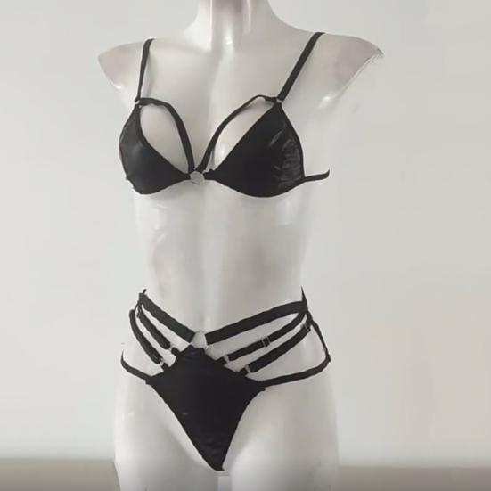 2 Pcs/Set Bra Panties Set Hollow Out Faux Leather Solid Color Wireless Unpadded Elastic Multi Straps Soft Lady Bra Panties Set Wedding Night