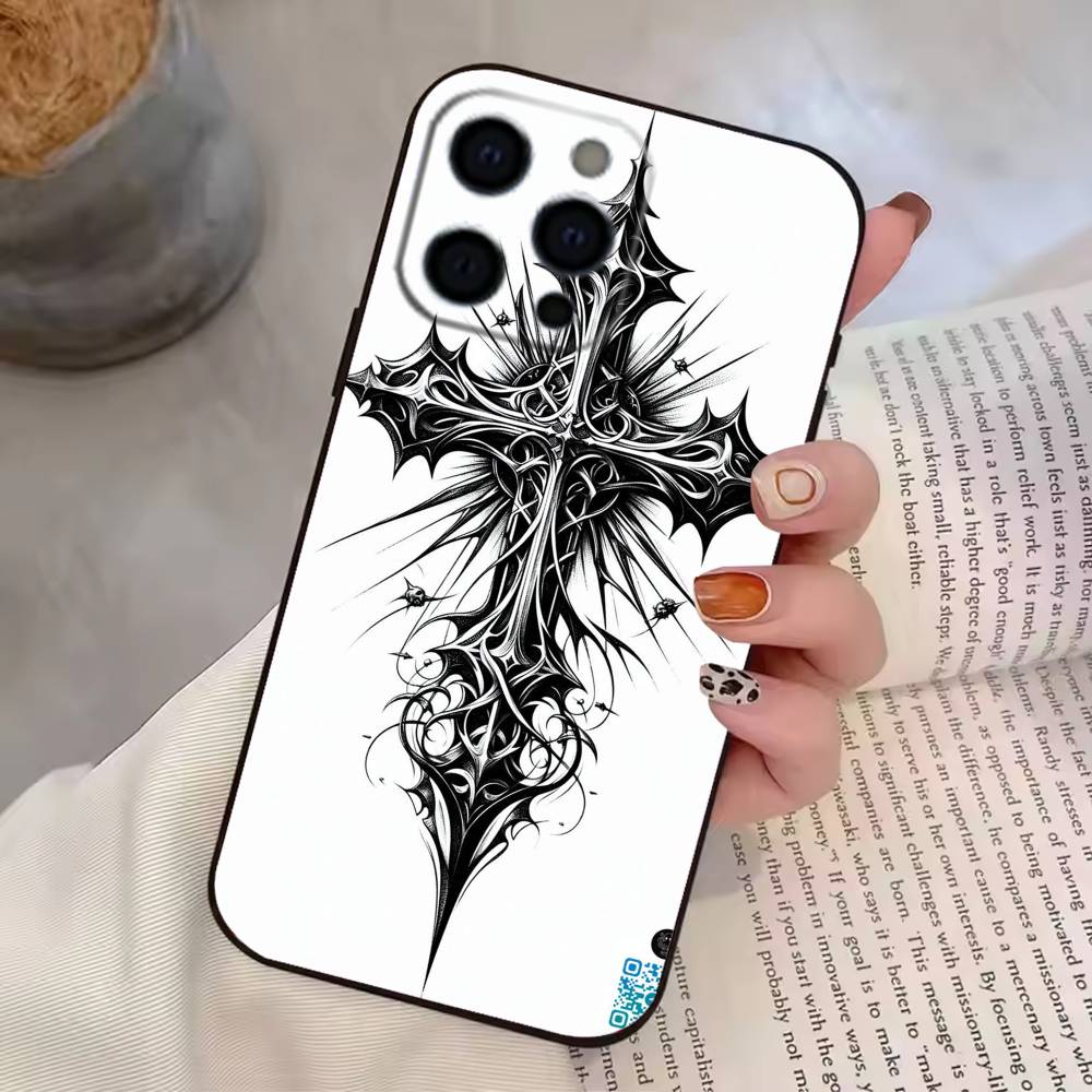 Прозрачный чехол для телефона с готическим крестом и лозой для iPhone 17,16,15,14,13,12,11 Plus,Pro Max,XS, Мягкий силиконовый черный чехол