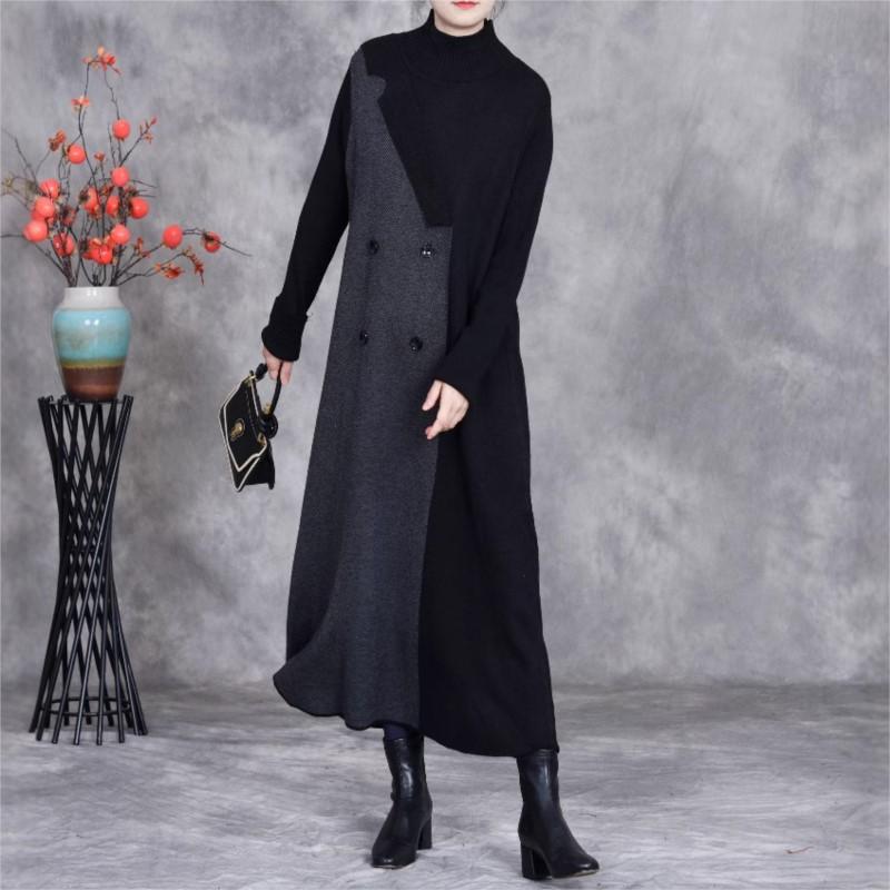 Johnature Woman Winter Neck Long Sleeves Knit Dress Niche Contrast Devise Fashion Personality Dress