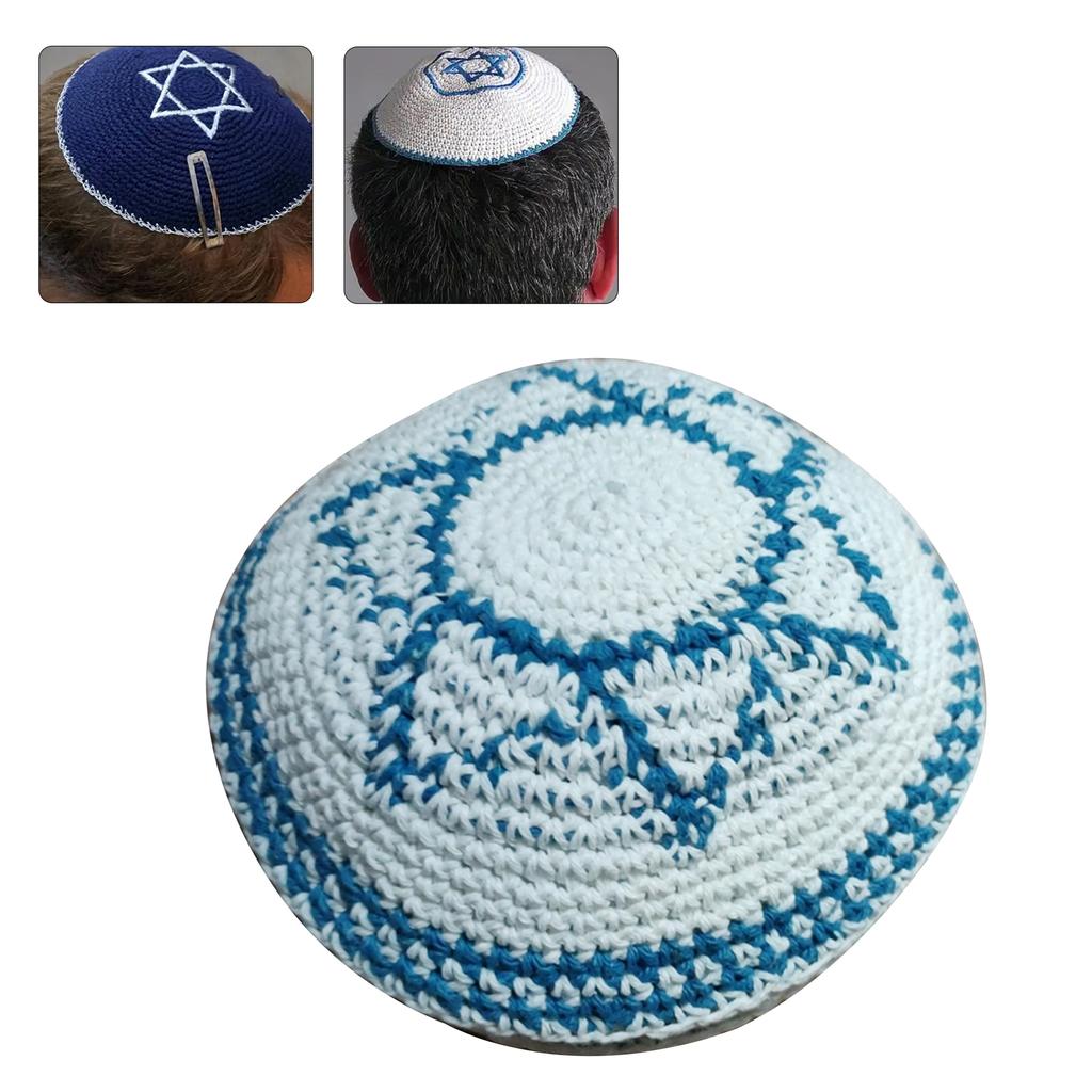 Flat Top Jewish Kippah Hat Embroidery White Yarmulke for Women Men Breathable Traditional Hat for Religious Observances