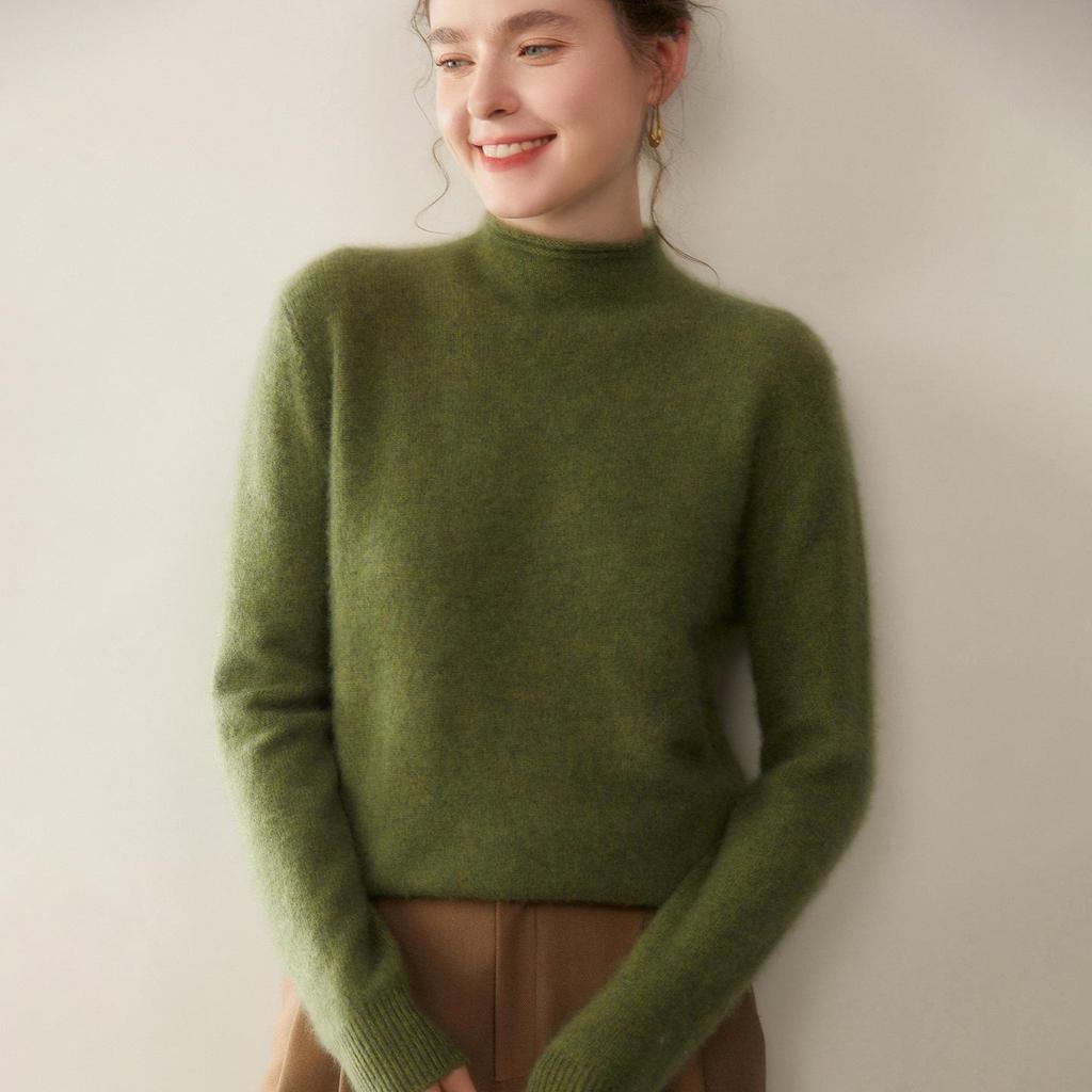 Women's Heathered Thickened Cashmere Half-Turtleneck Sweater - Long Sleeve Knit Pullover for Autumn & Winter