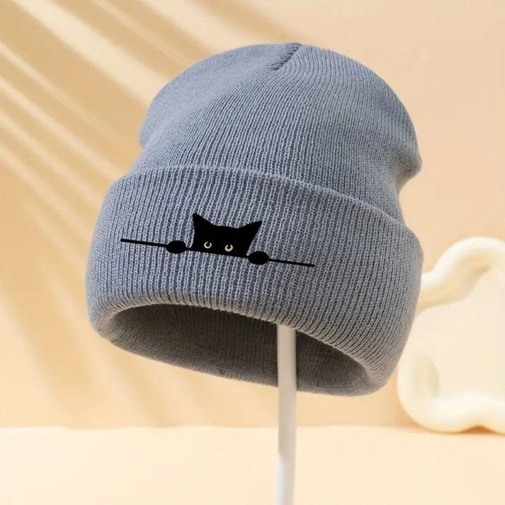 Cartoon Cat Printed Warm Hat Windproof Pullover Cap High Quality Knitted Beanie Hat Outdoor