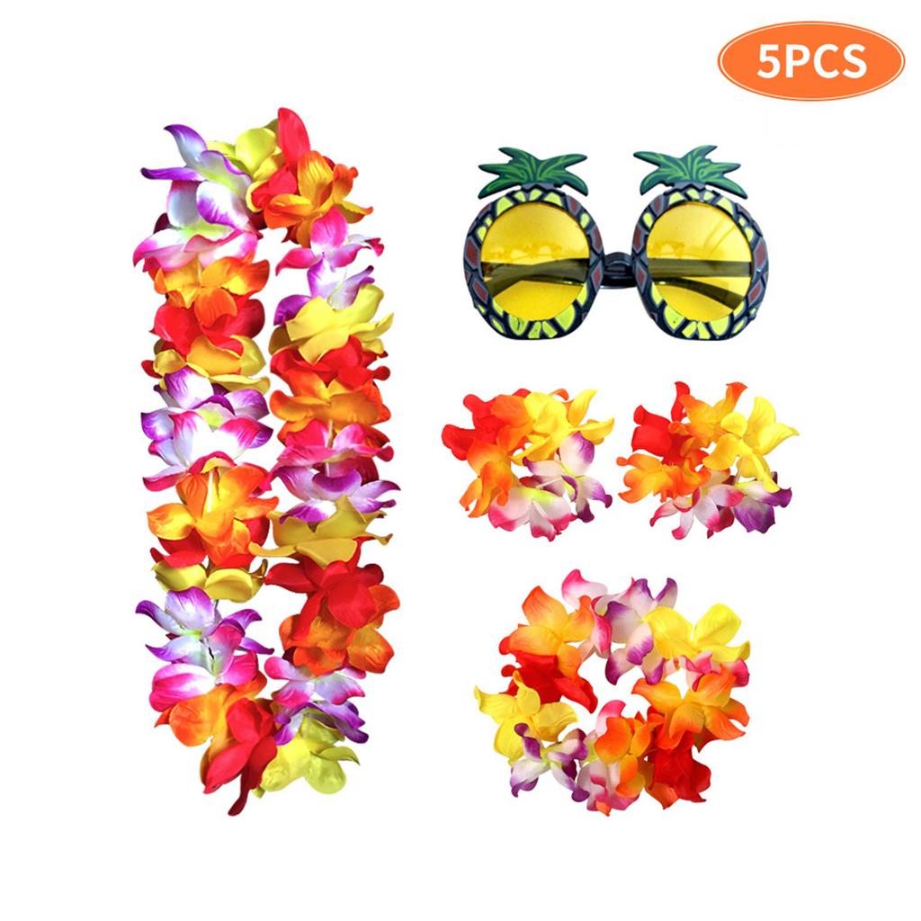 Hawaiian Flower Garland Set with Pineapple Glasses and Wristbands for Festival Party Costume Decoration Accessories
