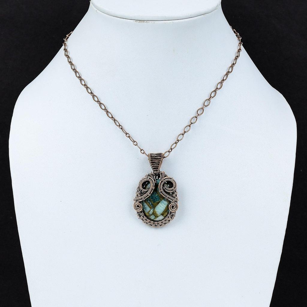 Медный амазонитовый кулон, обернутый медной проволокой, подлинный драгоценный камень, кулон ручной работы, медная проволока, элегантный кулон для подарка