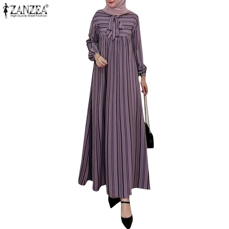 ZANZEA Женское повседневное платье с длинным рукавом и круглым вырезом в полоску с принтом