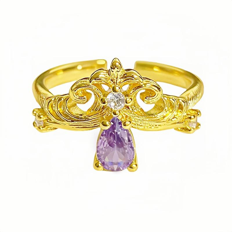 Medieval Vintage French Princess Wind Brushed Coronation Crown Water Drop Purple Diamond Ring Female Flower Ring