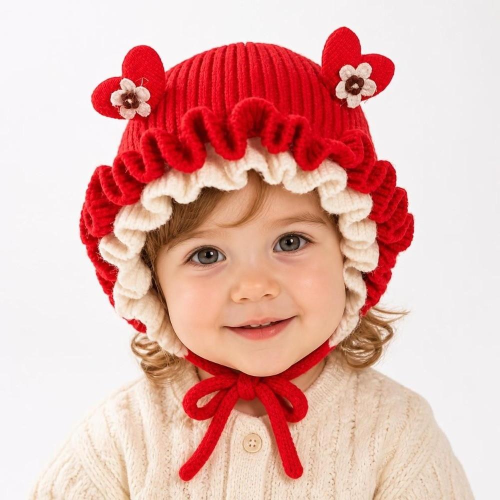Lace Ruffle Trim Princess Knitted Hat Elastic Soft Kids Beanie Cap Baby Earflap Hat Baby Toddlers