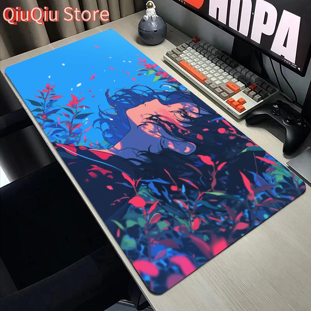 Anime Girl Warrior Mouse Pad Large Computer Office Game Table Mat XXL Rubber Nonslip Stitched Edge Keyboard Mats Long Desk Pads
