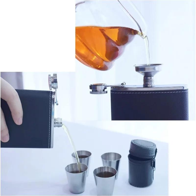 Карманная фляжка 8 унций для спиртного, фляжка для виски из нержавеющей стали 304 с кожаным покрытием, со стопками и воронкой, подарок для мужчин и женщин