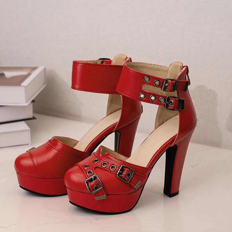 Женские босоножки на высоком каблуке, летняя обувь на платформе 2024, с ремешком на щиколотке, черные, красные туфли-лодочки, свадебная обувь для танцев, женские, большого размера