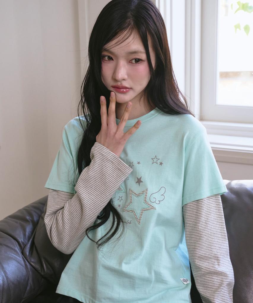 THE GREEN LAB Star Patch St Layered T-Shirt [Mint]